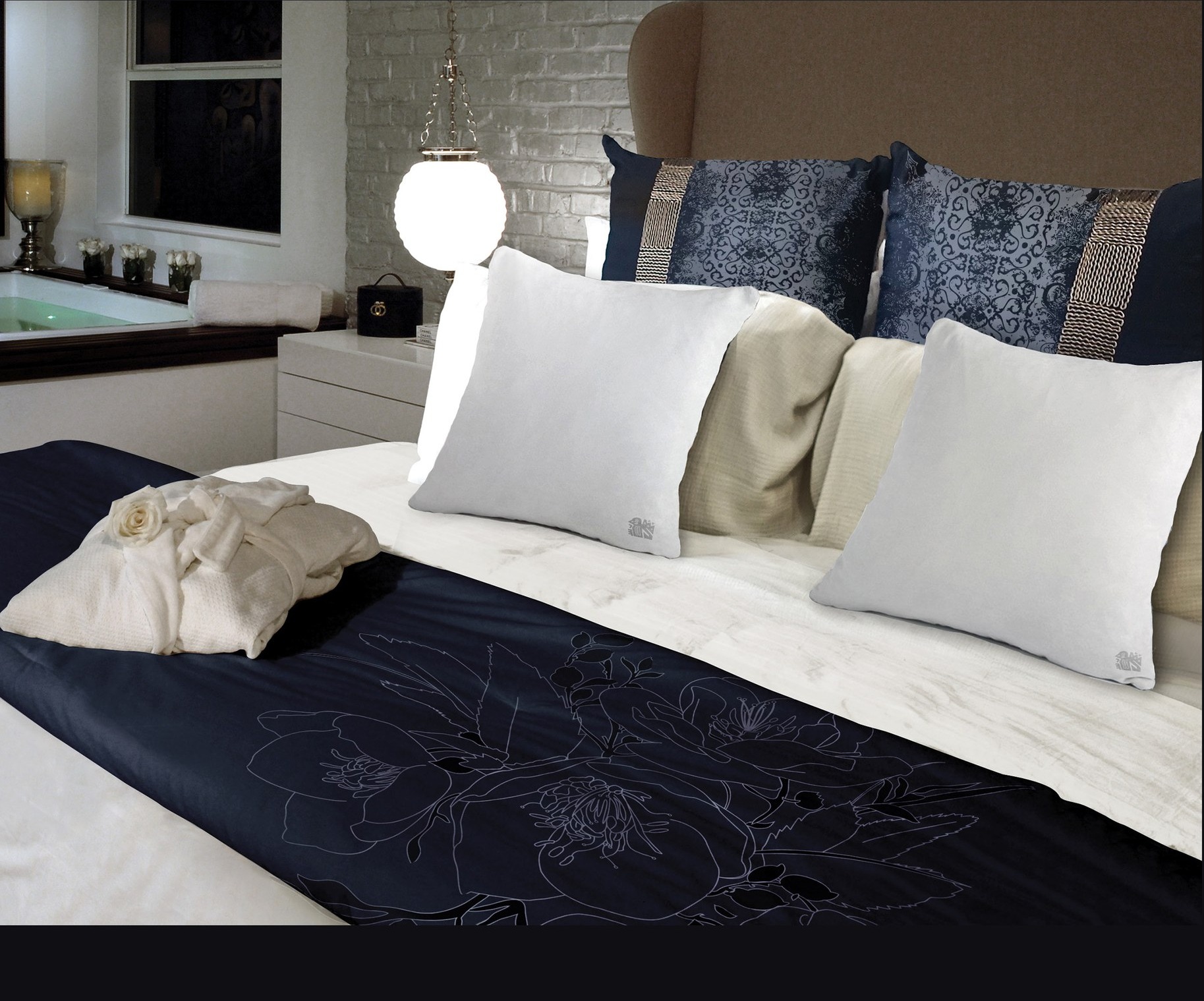 Navy damask bedding with soft linen — the collection inspired by the anemone