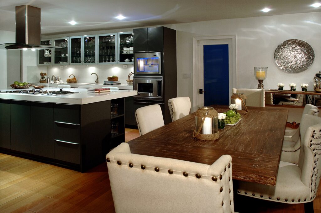 Chef's kitchen with marble island and integrated cabinetry