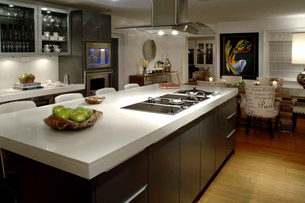 Kitchen and dining with bespoke millwork and warm wood tones